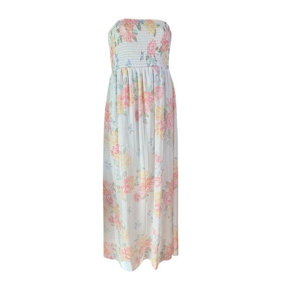 Old Navy Dresses & Skirts - Old Navy strapless smocked tube maxi dress white fabric pink yellow floral print